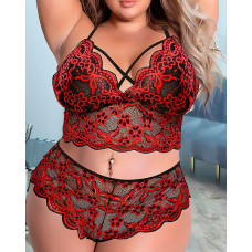 Plus Size Embroidery Floral Scallop Trim Lace Lingerie Set - red