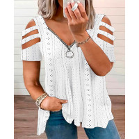 Plus Size Eyelet Embroidery Cutout Zipper Design T-Shirt - white