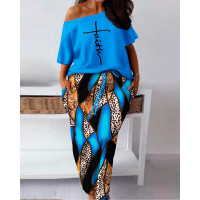 Plus Size Faith Baroque Leopard Print Skew Neck Top & Drawstring Skirt Set - blue