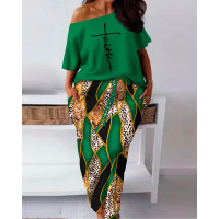 Plus Size Faith Baroque Leopard Print Skew Neck Top & Drawstring Skirt Set - green