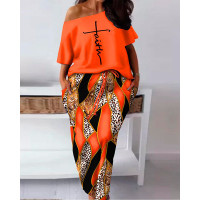 Plus Size Faith Baroque Leopard Print Skew Neck Top & Drawstring Skirt Set - orange