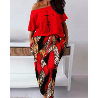 Plus Size Faith Baroque Leopard Print Skew Neck Top & Drawstring Skirt Set - red