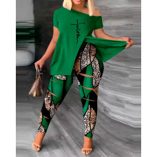 Plus Size Faith Baroque Leopard Print Split Hem Top & Pants Set - green