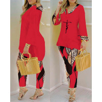 Plus Size Faith Baroque Leopard Print Top & Pants Set - red