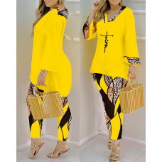 Plus Size Faith Baroque Leopard Print Top & Pants Set - yellow