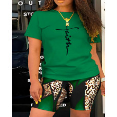 Plus Size Faith Baroque Leopard Print Top & Shorts Set - green