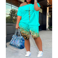 Plus Size Faith Contrast Leopard Print Skew Neck Top & Shorts Set - Multicolor