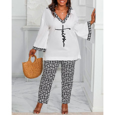 Plus Size Faith Geometric Print Bell Sleeve Top & Pants Set - blackwhite