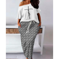 Plus Size Faith Geometric Print Casual Top & Skirt Set - blackwhite