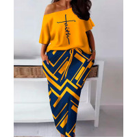 Plus Size Faith Geometric Print Casual Top & Skirt Set - orange