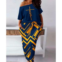 Plus Size Faith Geometric Print Casual Top & Skirt Set - purplish blue