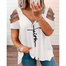 Plus Size Faith Geometric Print Cutout Zipper Design T-Shirt - white