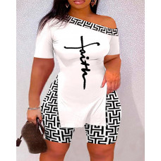 Plus Size Faith Geometric Print Side Slit Top & Shorts Set - blackwhite