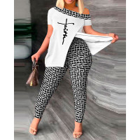 Plus Size Faith Geometric Print Split Hem Top & Pants Set - blackwhite