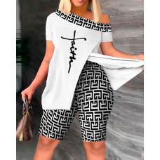 Plus Size Faith Geometric Print Split Hem Top & Shorts Set - blackwhite