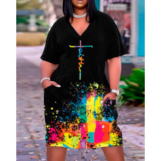 Plus Size Faith Ink Splash Melting Colors All Over Print Casual Dress - black