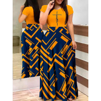 Plus Size Faith Letter Geometric Print Maxi Dress - yellow