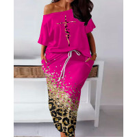 Plus Size Faith Letter Pattern Top & Contrast Leopard Print Skirt Set - hot pink