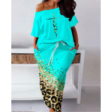 Plus Size Faith Letter Pattern Top & Contrast Leopard Print Skirt Set - turquoise blue