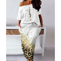 Plus Size Faith Letter Pattern Top & Contrast Leopard Print Skirt Set - white