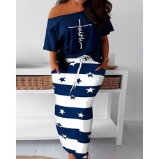 Plus Size Faith Letter Print Skew Neck T-shirt & Striped Skirt Set - blue