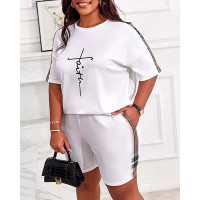 Plus Size Faith Plaid Print Casual Top & Shorts Set - white