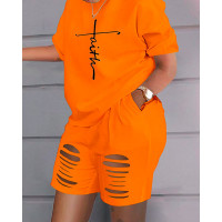 Plus Size Faith Print Ladder Cutout Casual Top & Shorts Set - orange