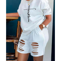 Plus Size Faith Print Ladder Cutout Casual Top & Shorts Set - white