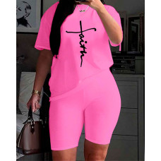 Plus Size Faith Print O Neck Top & Shorts Set - pink