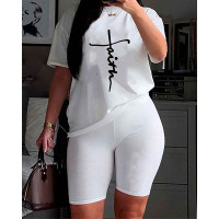 Plus Size Faith Print O Neck Top & Shorts Set - white