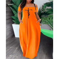 Plus Size Faith Print Off Shoulder Maxi Dress - orange