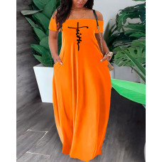 Plus Size Faith Print Off Shoulder Maxi Dress - orange