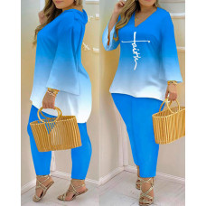 Plus Size Faith Print Ombre Bell Sleeve Top & Pants Set - blue