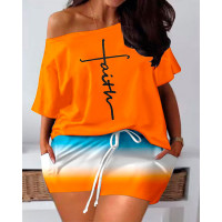 Plus Size Faith Print Ombre Top & Shorts Set - orange