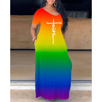 Plus Size Faith Print Rainbow Ombre Maxi Dress - Multicolor