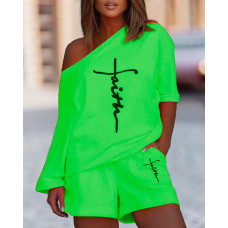 Plus Size Faith Print Skew Neck Top & Shorts Set - green