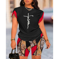 Plus Size Faith Print Top & Leopard Scarf Print Shorts Set - black