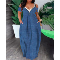 Plus Size Fake Two Piece Cold Shoulder Maxi Dress - blue