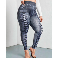 Plus Size Faux Denim Printed High Waist Leggings - gray