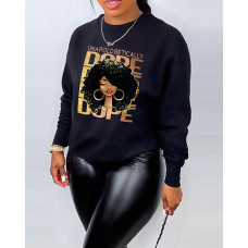 Plus Size Figure Letter Print Long Sleeve Sweatshirt - black