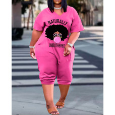 Plus Size Figure Letter Print Pocket Design Jumpsuit - pink