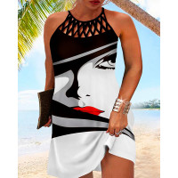 Plus Size Figure Print Hollow Out Casual Dress - white