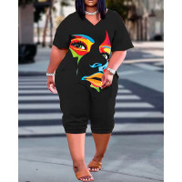 Plus Size Figure Print Short Sleeve Jumpsuit - black