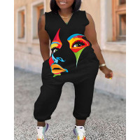 Plus Size Figure Print V-Neck Pocket Design Jumpsuit - black