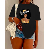 Plus Size Figure Queen Letter Print Casual T-shirt - black