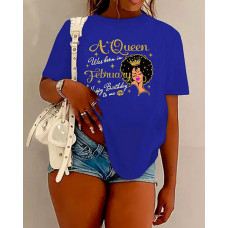 Plus Size Figure Queen Letter Print Casual T-shirt - blue