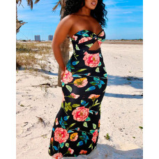 Plus Size Floral Print Bandeau Twisted Maxi Dress - black