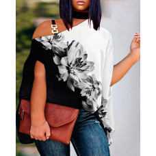 Plus Size Floral Print Colorblock Chain Decor Cold Shoulder Top - black