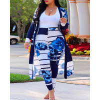 Plus Size Floral Print Colorblock Striped Coat & Pants Set - blue