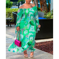 Plus Size Floral Print Off Shoulder Dress - green